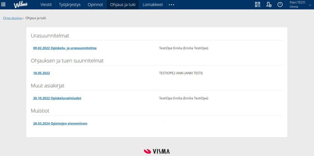 Opiskelijan näkymä Omnian Wilman ohjaus ja tuki sivulta